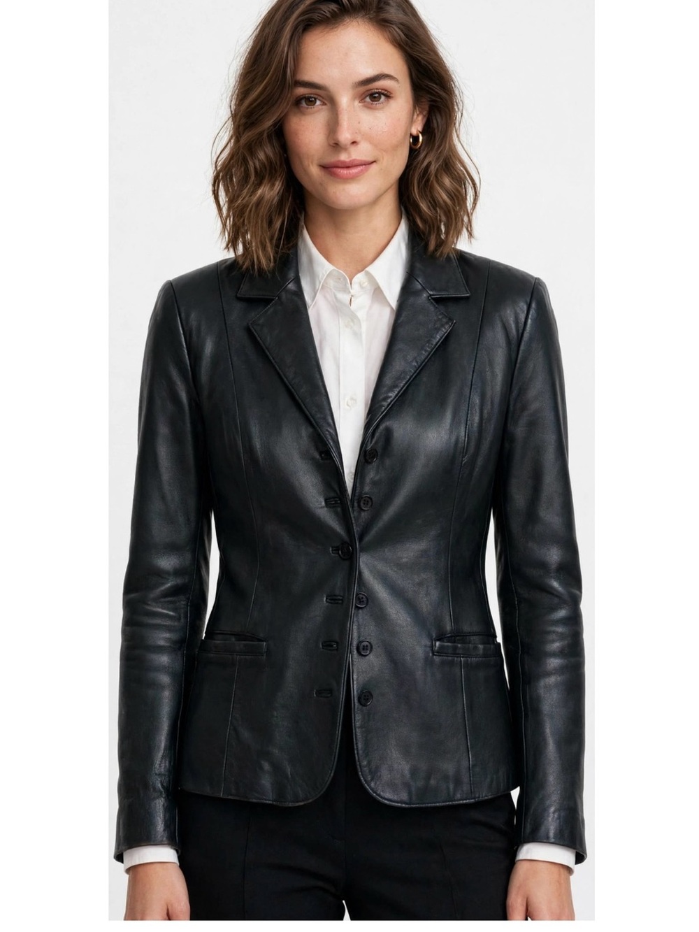 A black Uniform John Paul Richard, women’s leather jacket